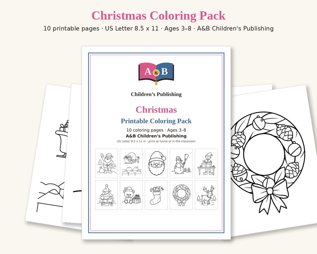 Cover of the Christmas Printable Coloring Pack with small previews of all 10 pages: Santa waving, Santa's sleigh over the rooftops, Santa's face, snowman with a broom, elf wrapping a present, Christmas tree with presents, teddy bear in a Santa hat with gifts, stocking full of toys, wreath with a bow, reindeer in the snow