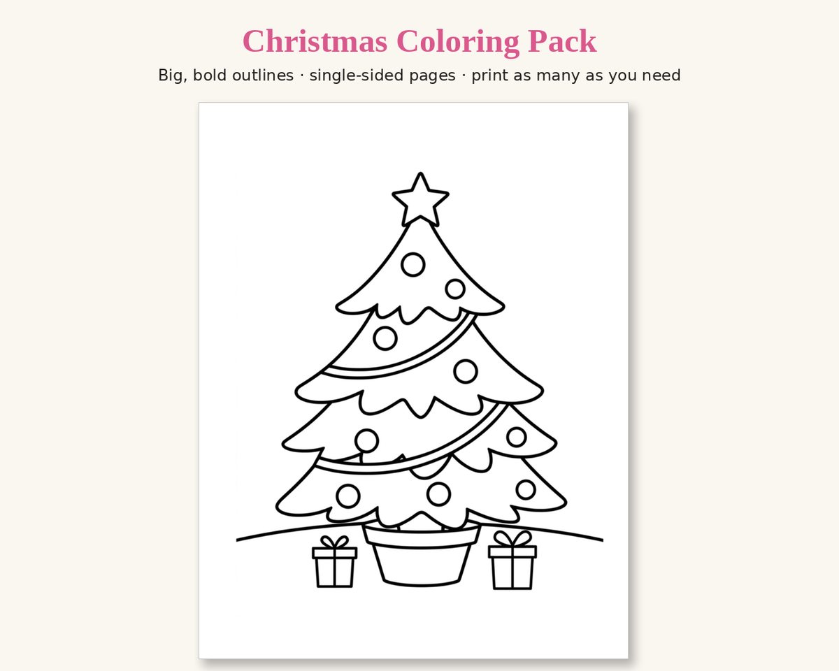 Sample page from the Christmas Printable Coloring Pack: a decorated Christmas tree with a star on top and two presents, in thick black outlines