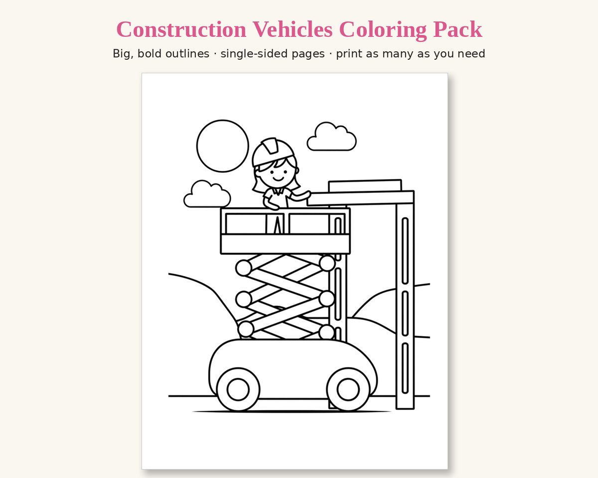 Sample page from the Construction Vehicles Printable Coloring Pack: a smiling construction worker in a hard hat on a scissor lift, in thick black outlines