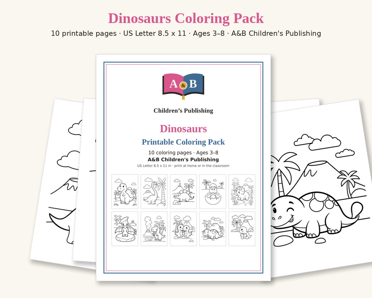 Cover of the Dinosaurs Printable Coloring Pack with small previews of all 10 pages: smiling T. rex, long-necked dinosaur by a palm tree, stegosaurus, baby dinosaur hatching from an egg, triceratops among flowers, baby pterodactyl on a rock, dinosaur by a smoking volcano, two dinosaur friends, winking ankylosaurus, baby dinosaur reading a book