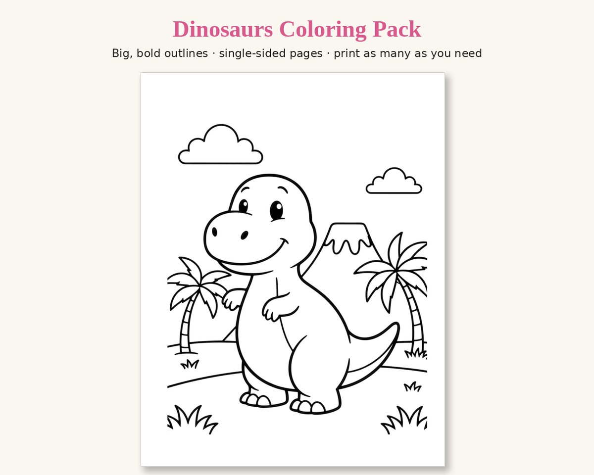 Sample page from the Dinosaurs Printable Coloring Pack: a smiling T. rex with palm trees and a volcano, in thick black outlines