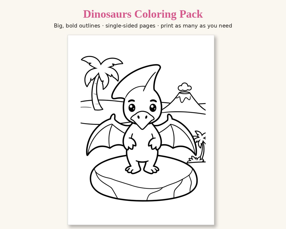 Sample page from the Dinosaurs Printable Coloring Pack: a baby pterodactyl standing on a rock, with a palm tree and a volcano behind, in thick black outlines
