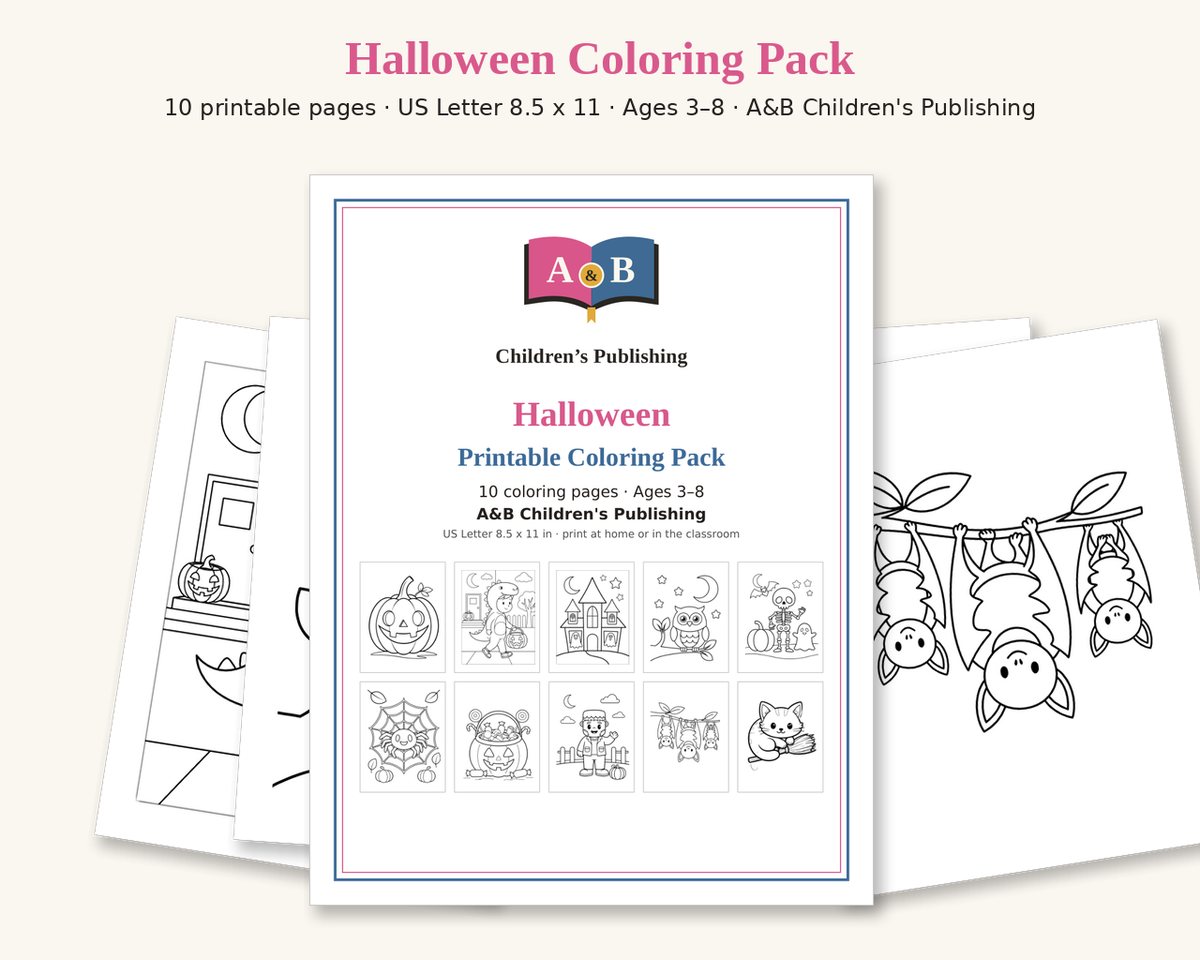 Cover of the Halloween Printable Coloring Pack with small previews of all 10 pages: jack-o'-lantern, trick-or-treater in a dinosaur costume, haunted house, owl on a branch, skeleton with a ghost, smiling spider in a web, candy-filled pumpkin bucket, child in a Frankenstein costume, three hanging bats, cat on a broomstick