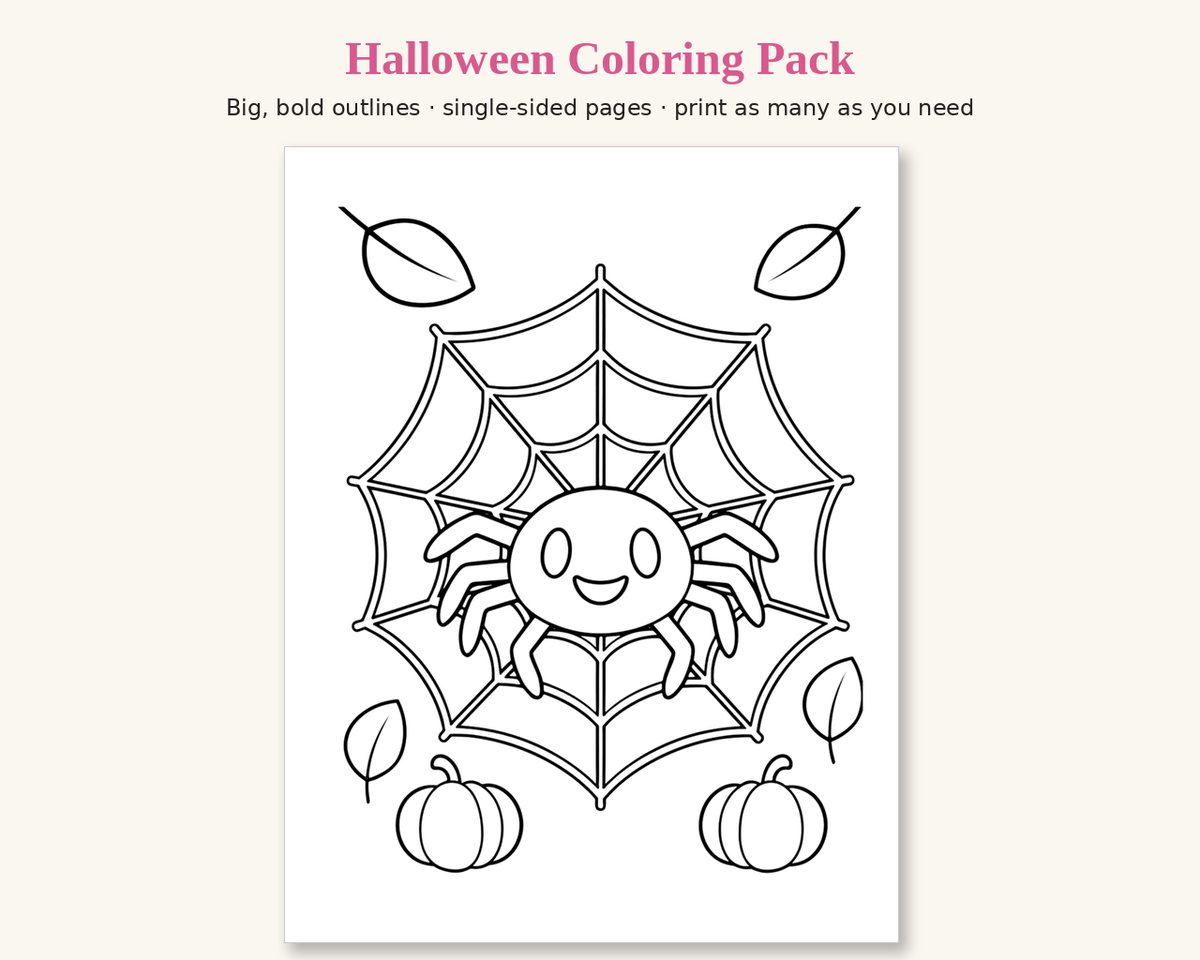 Sample page from the Halloween Printable Coloring Pack: a smiling spider in its web, with fall leaves and two small pumpkins, in thick black outlines
