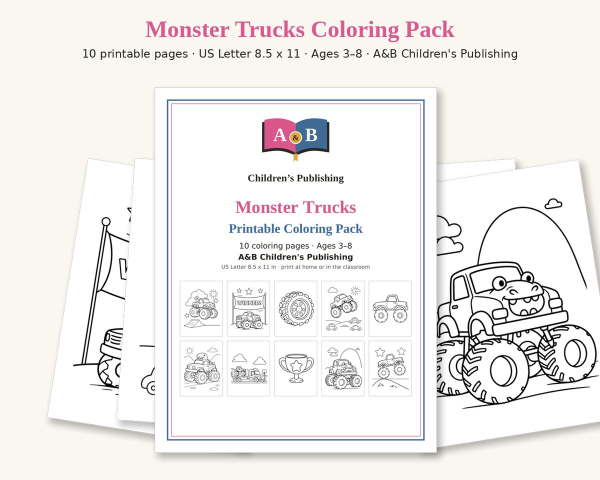 Cover of the Monster Trucks Printable Coloring Pack with small previews of all 10 pages: monster truck jumping a ramp, monster truck under a winner banner, giant monster truck tire, monster truck jumping over cars, side-view monster truck, monster truck with a dinosaur on top, tow truck carrying a monster truck, trophy cup, monster truck with a friendly face, monster truck on a hill under stars