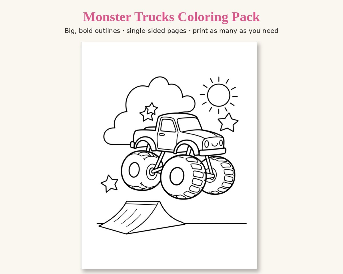 Sample page from the Monster Trucks Printable Coloring Pack: a smiling monster truck jumping off a ramp, with stars and a sun, in thick black outlines