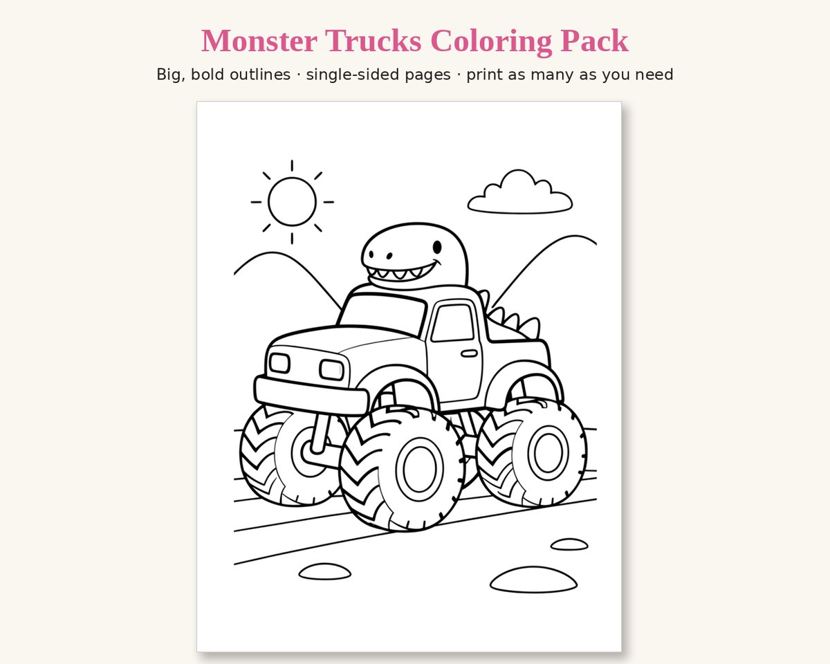 Sample page from the Monster Trucks Printable Coloring Pack: a monster truck with a dinosaur on the roof, driving down a dirt road, in thick black outlines