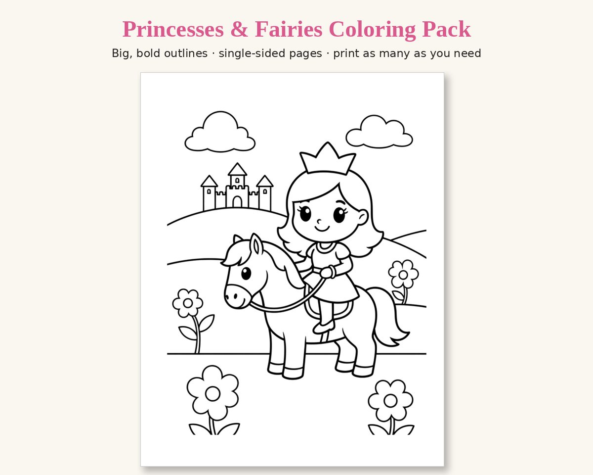 Sample page from the Princesses & Fairies Printable Coloring Pack: a princess riding a pony, with a castle on a hill and flowers, in thick black outlines