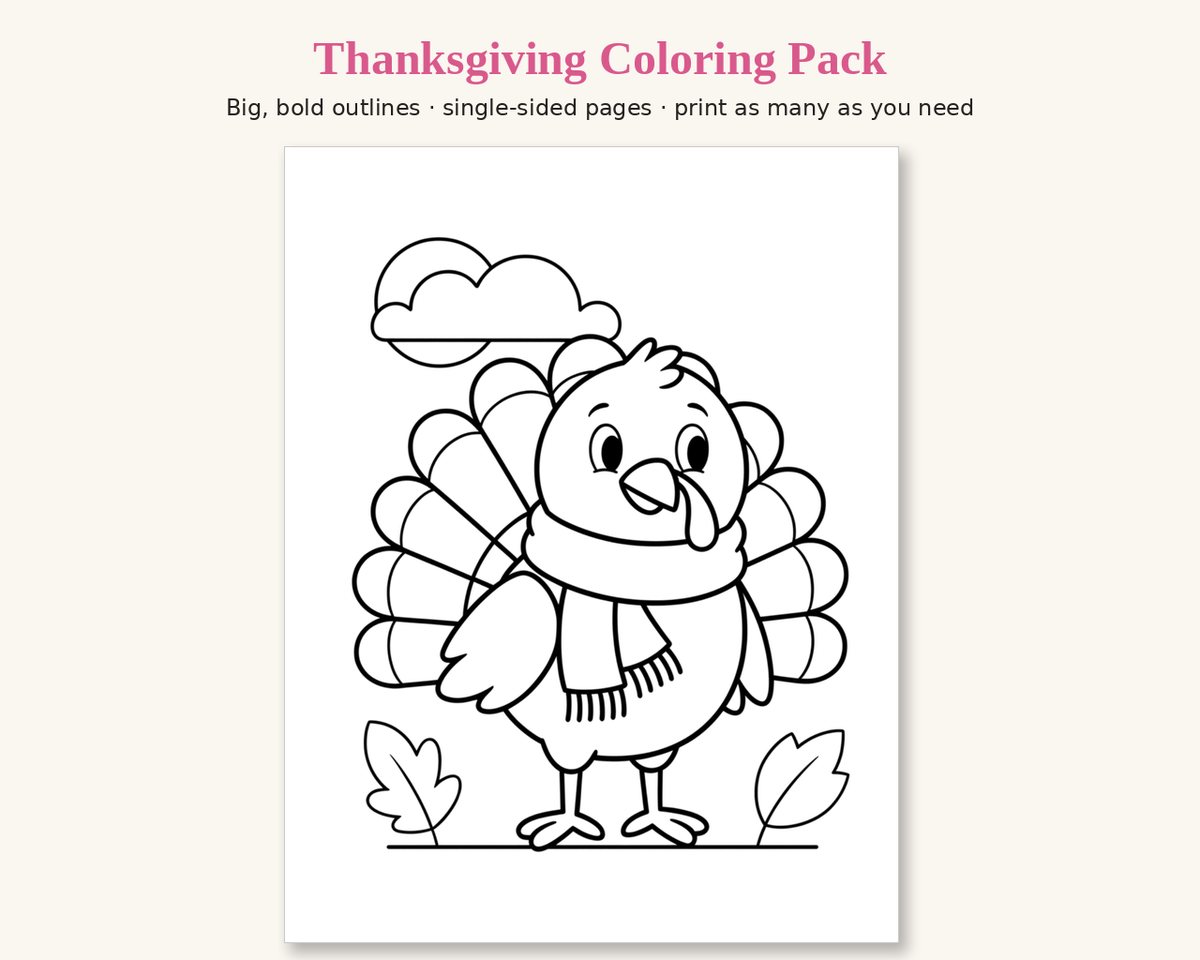 Sample page from the Thanksgiving Printable Coloring Pack: a turkey wearing a scarf, with fall leaves and a sun peeking out from a cloud, in thick black outlines