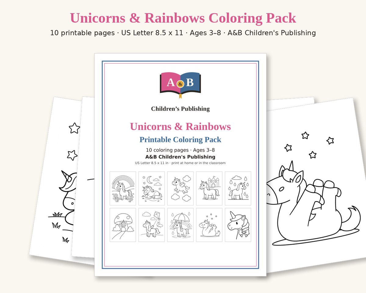 Cover of the Unicorns & Rainbows Printable Coloring Pack with small previews of all 10 pages: unicorn under a rainbow, unicorn resting under the moon, unicorn flying among clouds, unicorn by a castle, unicorn in the rain, unicorn in a mushroom house, unicorn flying a kite, unicorn under an umbrella, unicorn rolling on its back under the stars, unicorn head with a bow