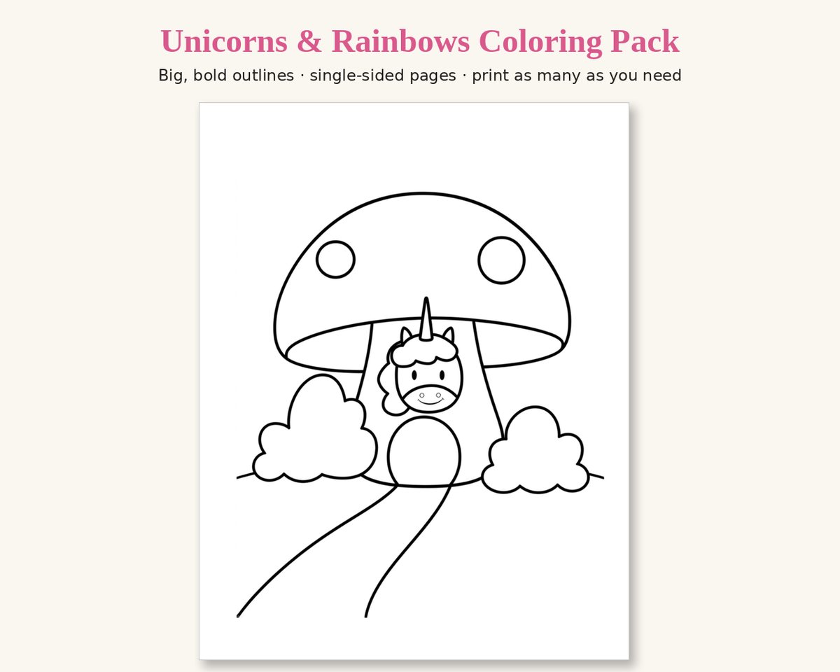 Sample page from the Unicorns & Rainbows Printable Coloring Pack: a little unicorn peeking out of a mushroom house, in thick black outlines